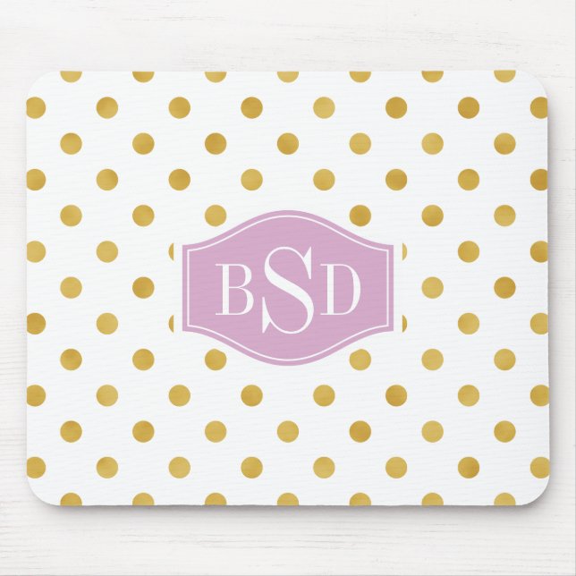 Pretty gold and white polka dots patterns monogram mouse pad (Front)