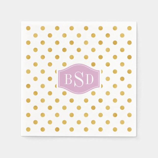 Pretty gold and white polka dots patterns monogram napkin (Front)