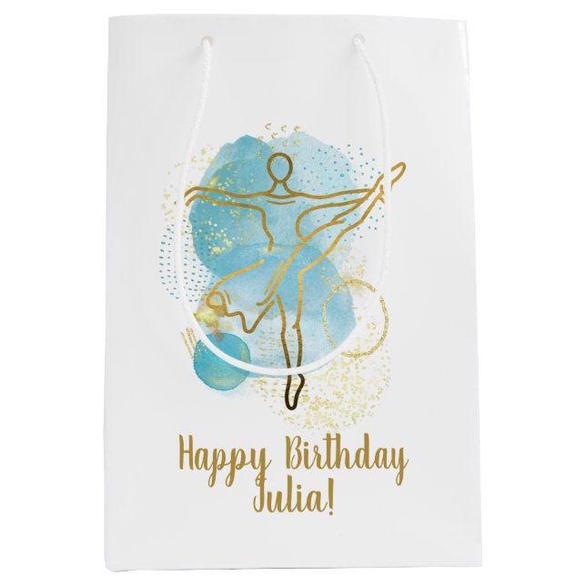 Pretty Gold Ballerina Watercolor Personalized Medium Gift Bag (Front)