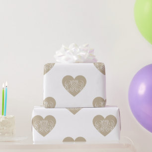 Pretty Gold / Beige Heart with White Filigree  Wrapping Paper
