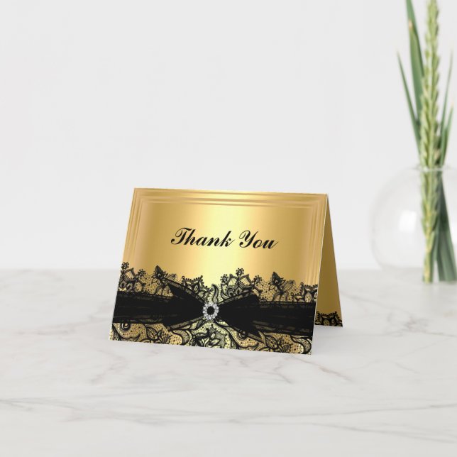 Pretty Gold & Black Lace Thank You Card (Front)