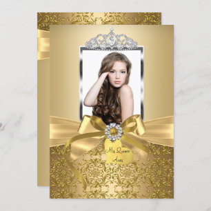 Pretty Gold Bow & Tiara Quinceanera Invitation