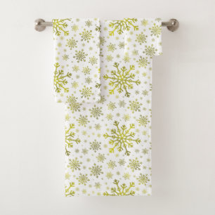 Pretty Gold Christmas Snowflakes on Winter White Bath Towel Set