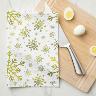 Pretty Gold Christmas Snowflakes on Winter White Kitchen Towel