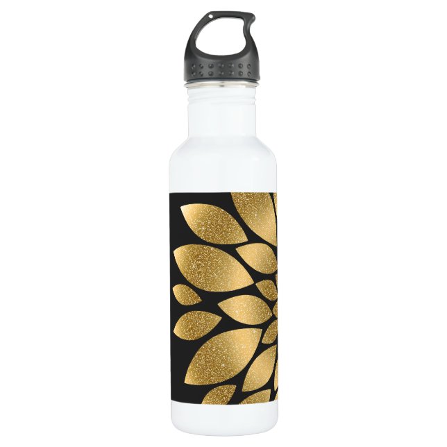 Pretty gold faux glitter abstract flower 710 ml water bottle (Front)