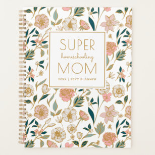 Pretty Gold Floral Super Homeschooling Mom White Planner