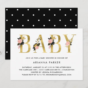 Pretty Gold Floral Text with Black   Baby Shower Invitation