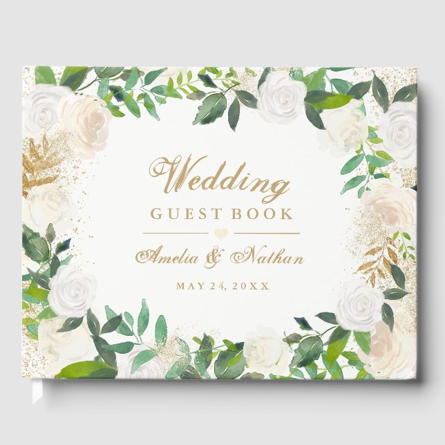 Pretty Gold Floral Wreath Wedding Guest Book (Front)