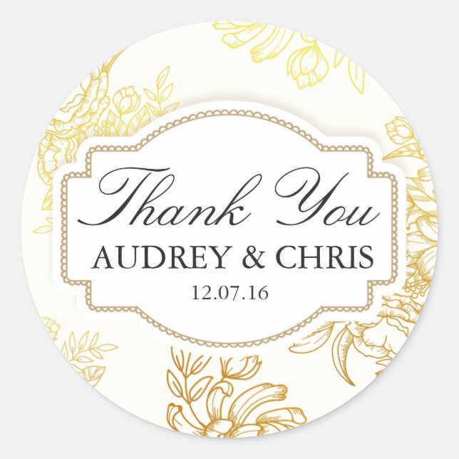 Pretty Gold Flower Frame Thank You Wedding Sticker (Front)