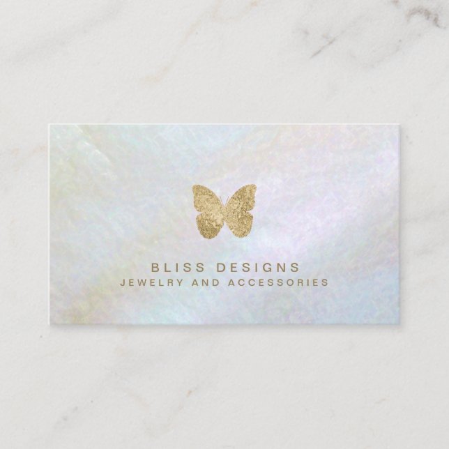 Pretty Gold Foil Mother of Pearl Butterfly Business Card (Front)