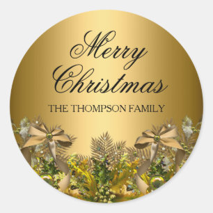 Pretty Gold Foliage & Bow Christmas Sticker