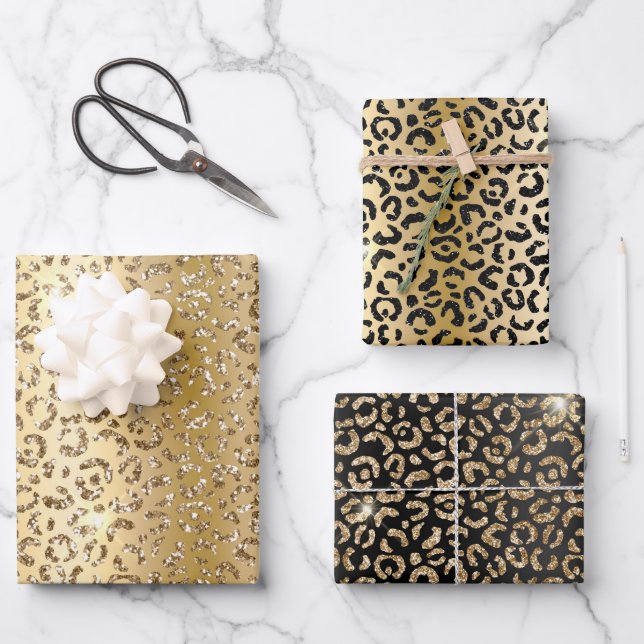 Pretty Gold Glam Glitter Leopard  Wrapping Paper Sheet (Front)