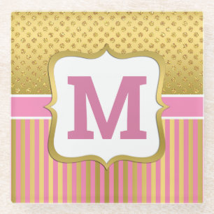 Pretty Gold Glitter Dots and Pink Stripes Glass Coaster