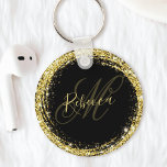 Pretty Gold Glitter Monogram Name Black Glam Keychain<br><div class="desc">Easily personalize this luxury glam gold glitter framed keychain with your custom name and monogram.</div>