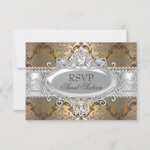 Pretty Gold & Silver Damask Sweet 16 RSVP