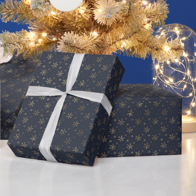 Pretty Gold Snowflakes Dark Blue Christmas Wrapping Paper (Holidays)