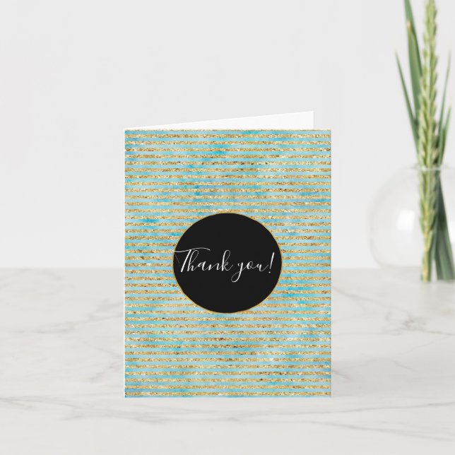Pretty Gold Sparkle Aqua Watercolor Stripes Thank You Card (Front)