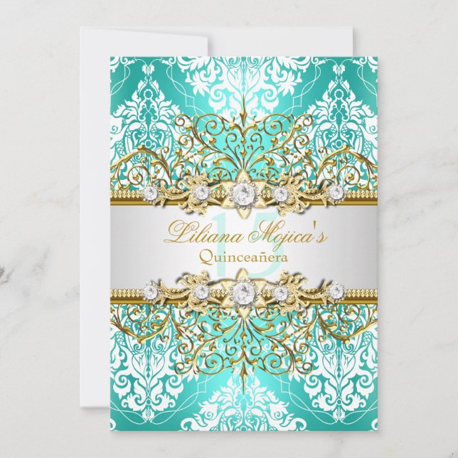 Pretty Gold Teal Vintage Glamour Quinceanera Invitation (Front)