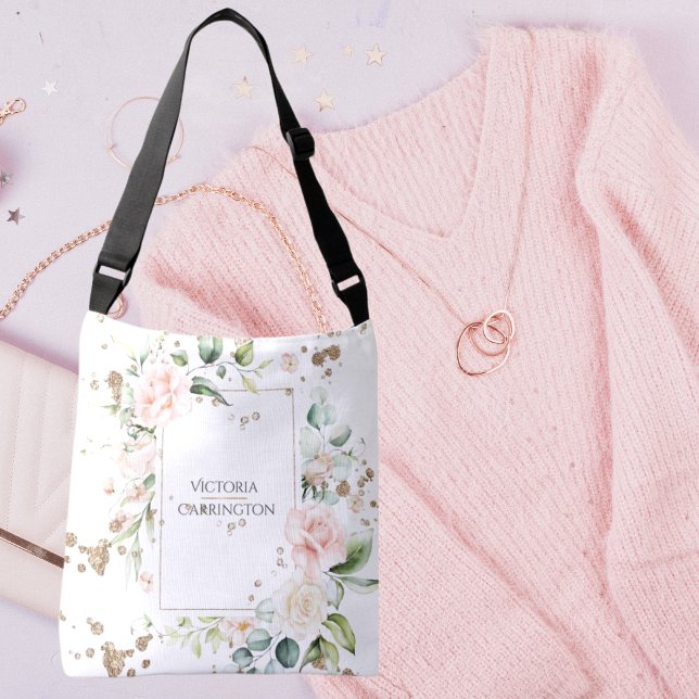 Pretty Gold Watercolor Floral Personalized Crossbody Bag (Creator Uploaded)
