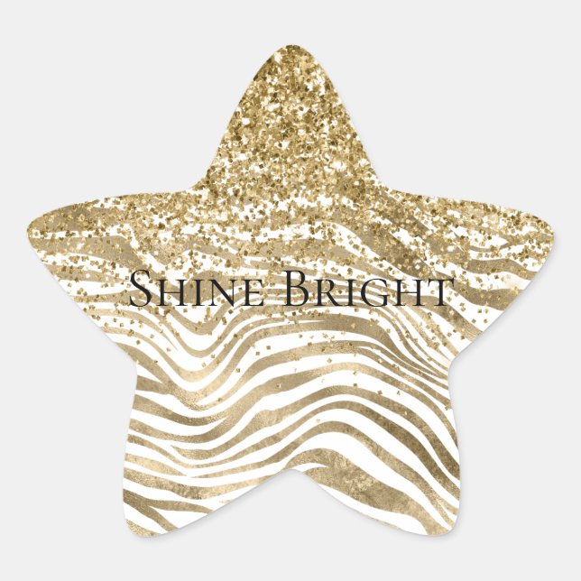 Pretty Gold White Glitter Zebra Print Sparkle      Star Sticker (Front)