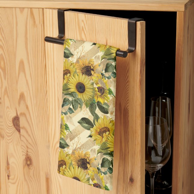 Pretty Gold Yellow Sunflower Bouquet Stripe Bees Kitchen Towel (Thirds Fold)