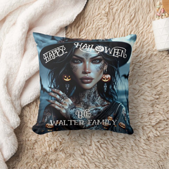 Pretty Gothic Witch with Tattoos Halloween Party Throw Pillow (Blanket)