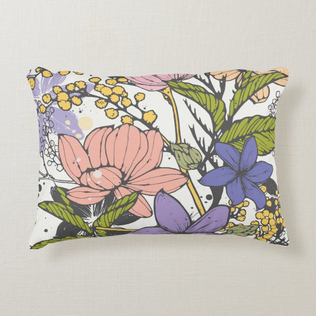 Pretty graphic image flower garden white colourful accent pillow (Front)