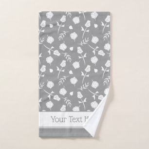 Pretty Gray and White Roses Rosebud Floral Print Bath Towel Set