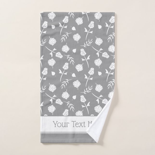 Pretty Gray and White Roses Rosebud Floral Print Bath Towel Set (Hand Towel)