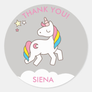 Pretty Gray Unicorn Birthday Party Thank You Classic Round Sticker