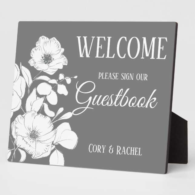 Pretty Gray with White Floral Wedding Guestbook  Plaque (Side)