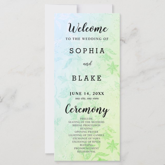 Pretty Green and Floral Metallic Wedding Program (Front)
