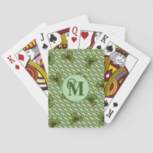 Pretty Green and Gold Irish Shamrocks Monogram Playing Cards