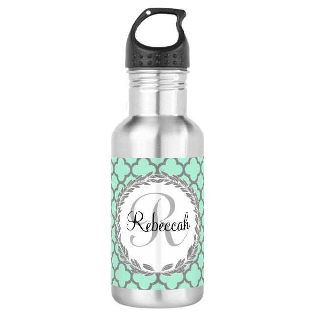 Pretty Green and Grey Quatrefoil Monogram Laurel 532 Ml Water Bottle (Front)