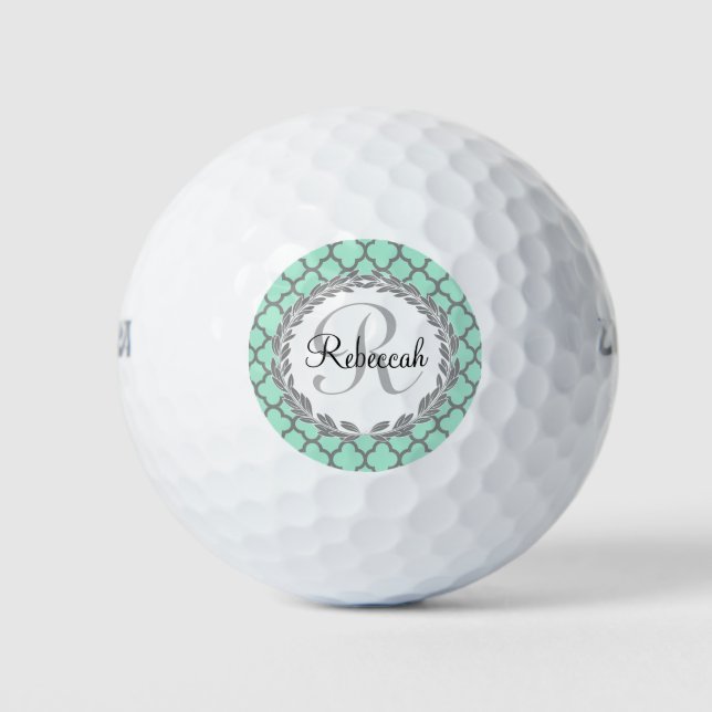 Pretty Green and Grey Quatrefoil Monogram Laurel Golf Balls (Front)