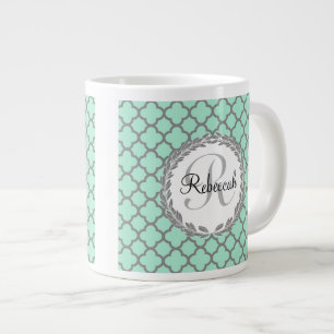 Pretty Green and Grey Quatrefoil Monogram Laurel Large Coffee Mug