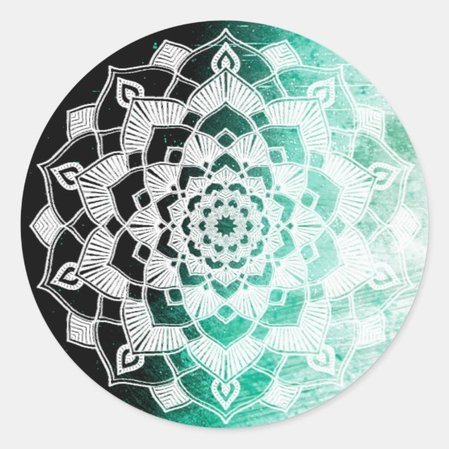 Pretty Green and White Mandala Abstract Classic Round Sticker (Front)