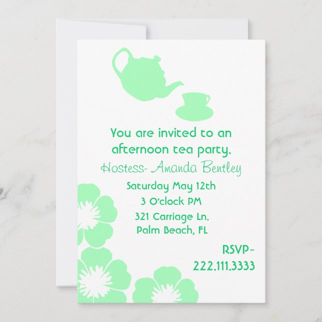 Pretty Green and White Tea Party Invitation (Front)