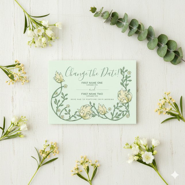 Pretty green art nouveau flowers change the date save the date (Green and cream Art Nouveau style Chang the Date botanical pretty card.)