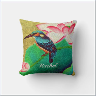 Pretty Green Bird & Flower  Throw Pillow