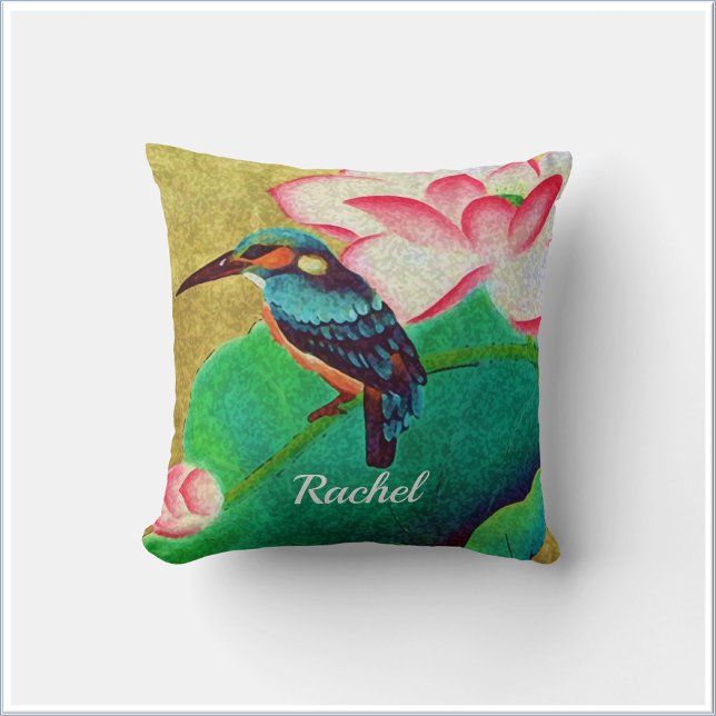 Pretty Green Bird & Flower  Throw Pillow (Bookmark my store! https://www.zazzle.com/store/capricepetit)