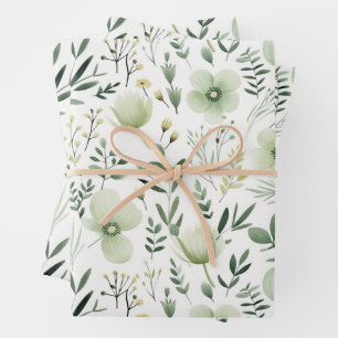 Pretty Green Botanical Floral Pattern Wrapping Paper Sheet