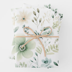 Pretty Green Botanical Floral Pattern Wrapping Paper Sheet
