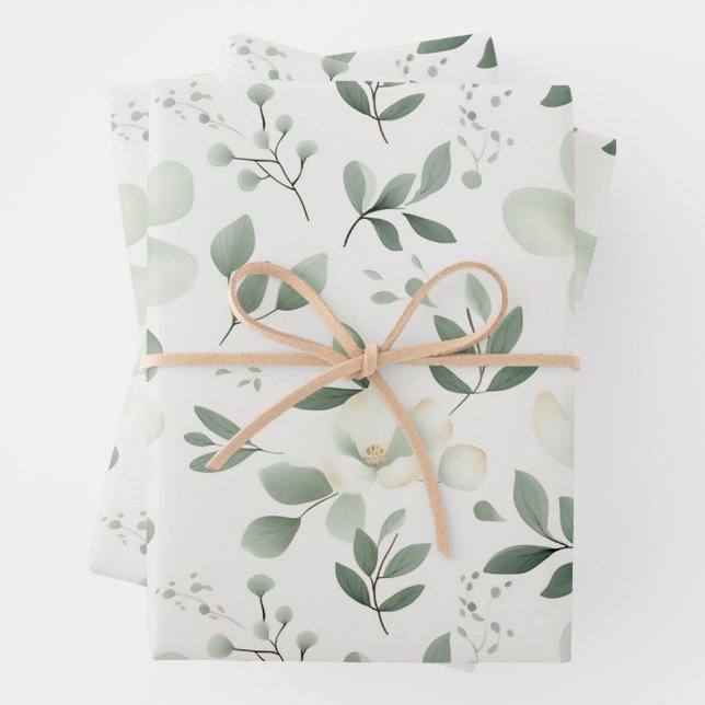 Pretty Green Botanical Floral Pattern Wrapping Paper Sheet (In situ)