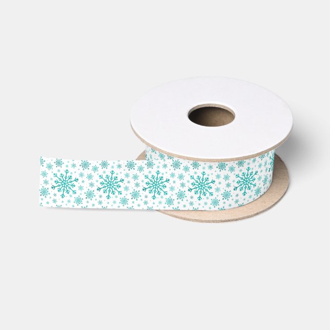 Pretty Green Christmas Snowflakes on Winter White Satin Ribbon (Spool)