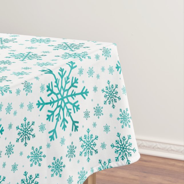 Pretty Green Christmas Snowflakes on Winter White Tablecloth (In Situ)
