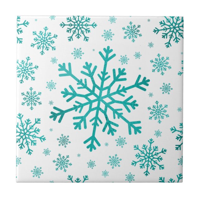 Pretty Green Christmas Snowflakes on Winter White Tile (Front)