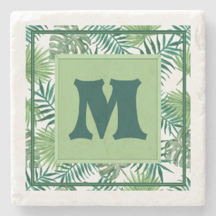 Pretty Green Fern Monogram M Marble Stone Coaster