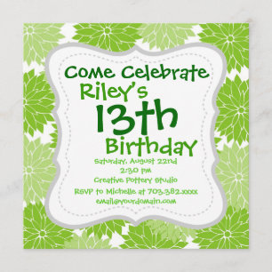 Pretty Green Flower Blossoms Floral Pattern Invitation