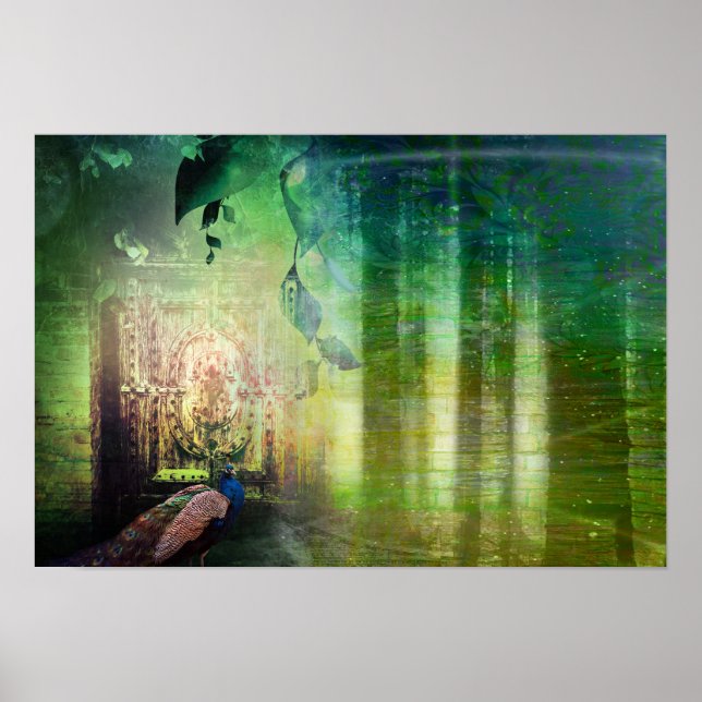 Pretty Green Gates of Paradise Peacock Forest Poster (Front)
